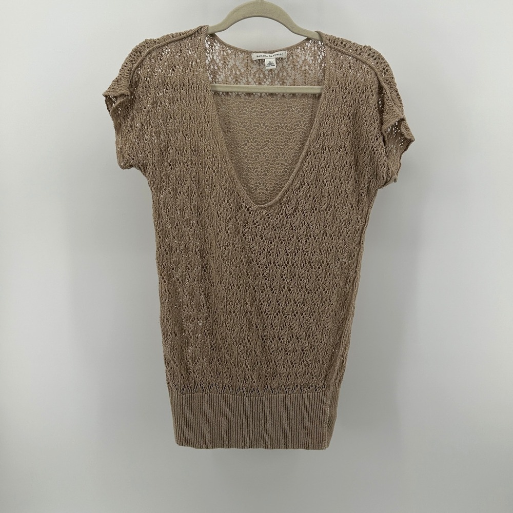 Banana Republic Tan 100% Linen Open Knit Sweater Med Coastal Neutral Beach Layer
